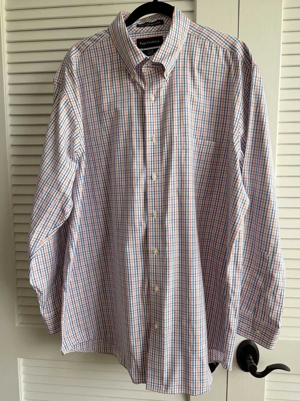 Paul Fredrick 17.5 34 Mens Classic Button Down Shirt Cotton Plaid Long Sleeve